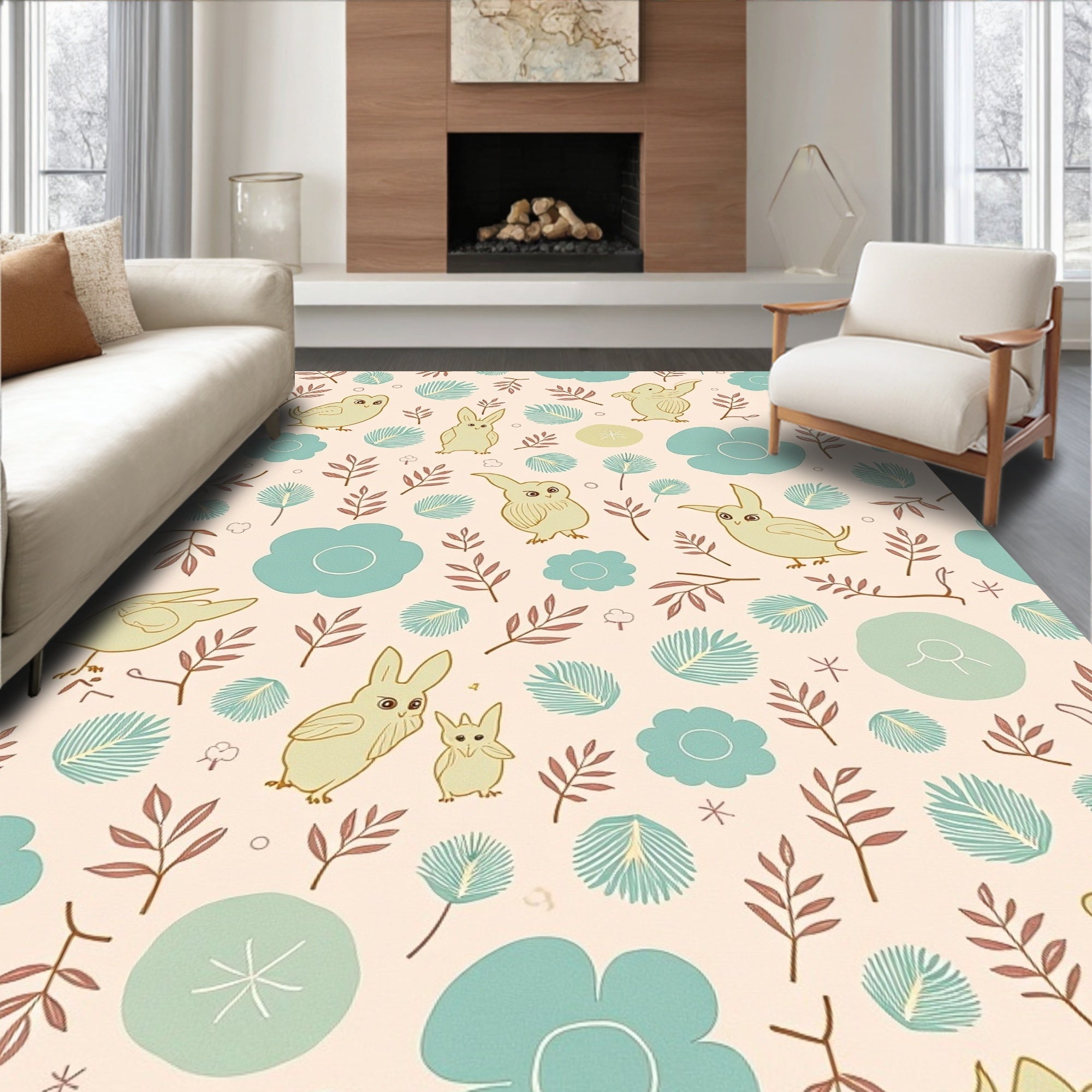 Whimsical Woodland Creatures Garden Pattern Rug