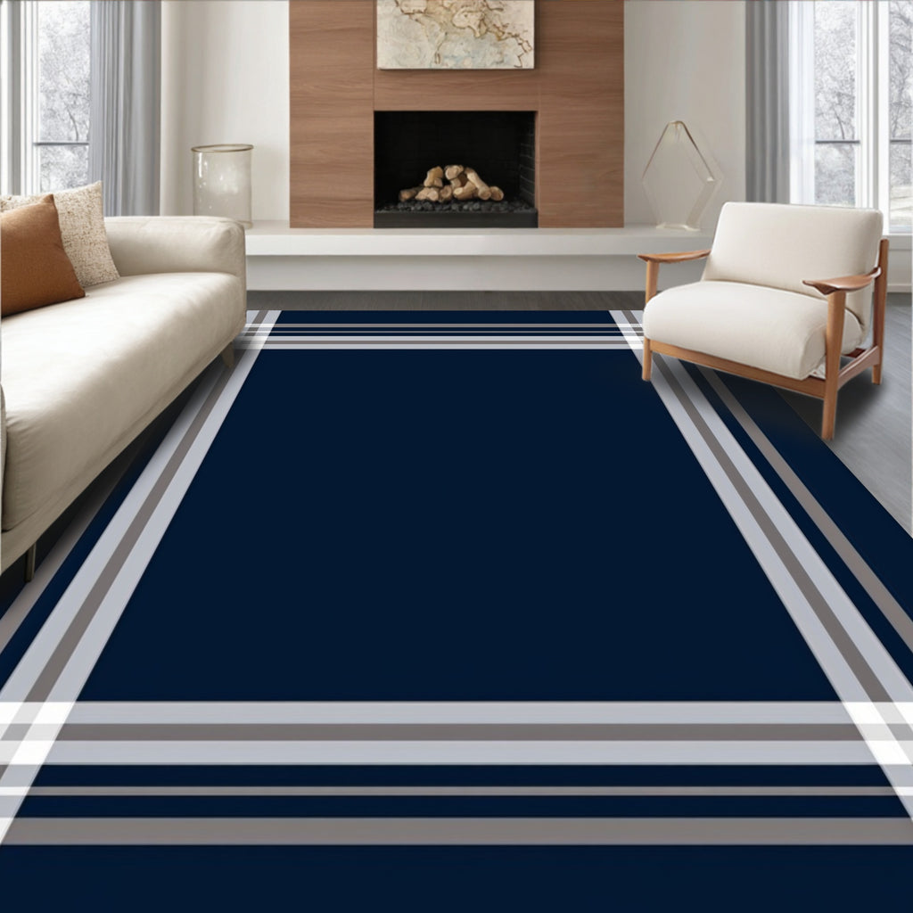 Classic Navy Plaid Border Design Rug