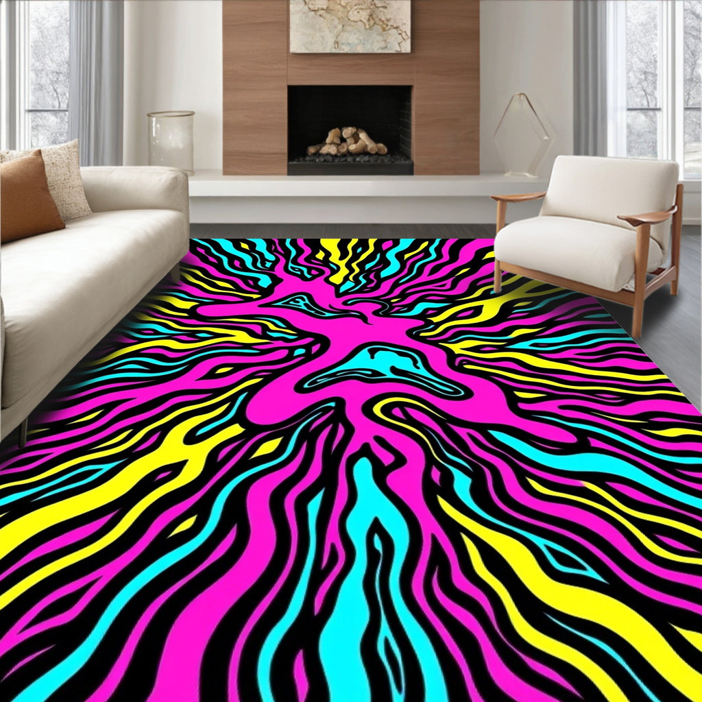 Vibrant Pink Cyan Yellow Swirl Pattern Rug