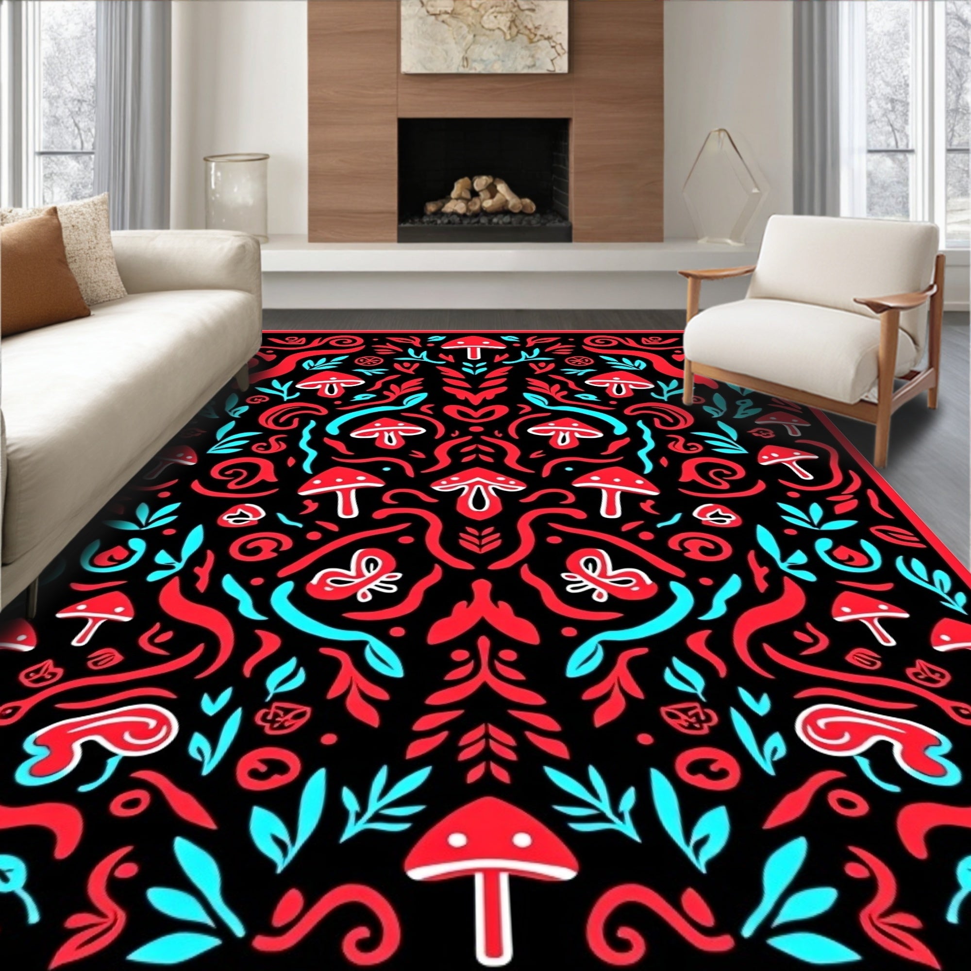 Retro Mushroom and Swirl Pattern Rug