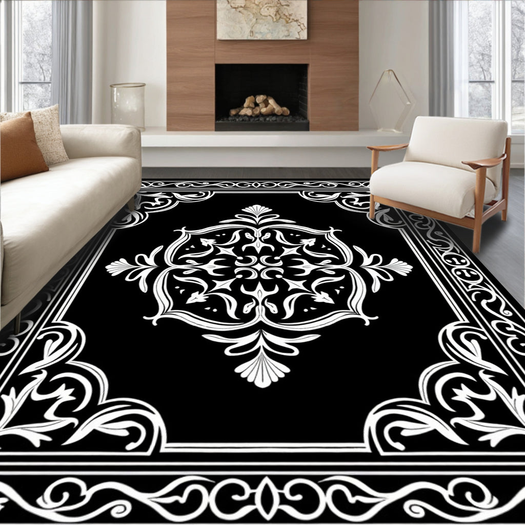 Ornate Black White Floral Pattern Rug