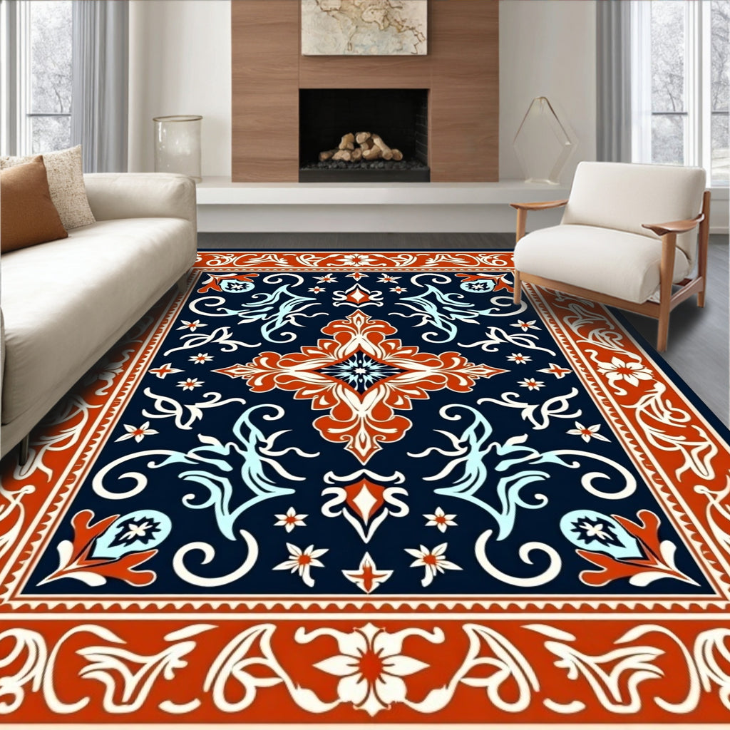 Elegant Floral Medallion Navy Rug