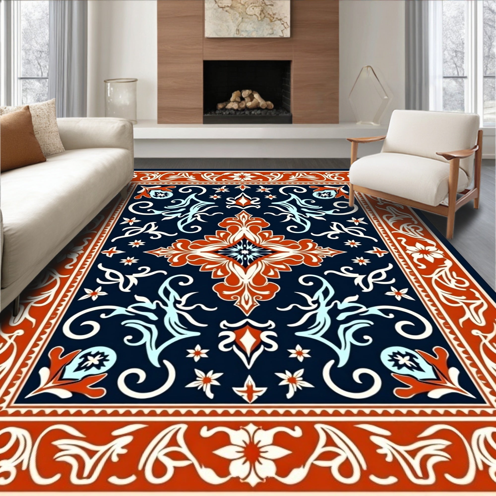 Elegant Floral Medallion Navy Rug