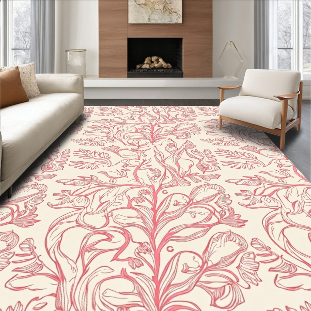 Ornate Pink Floral Vine Pattern Rug