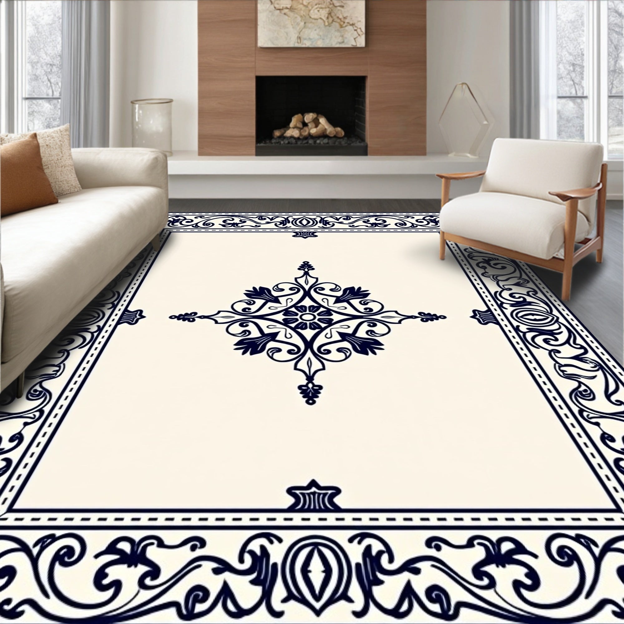 Ornate Navy Floral Scrollwork Rug