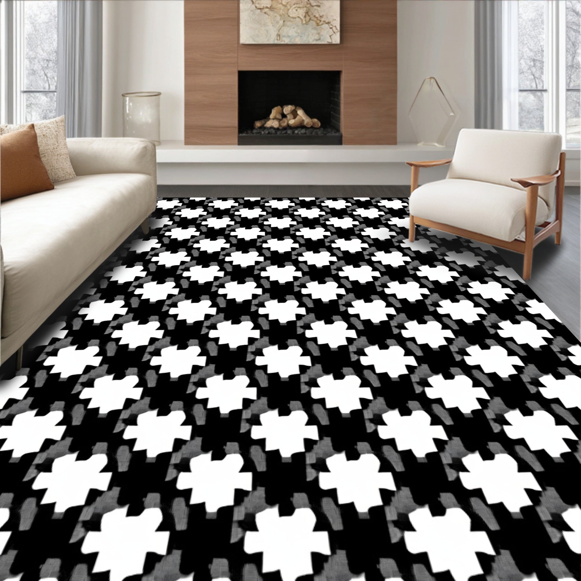Monochromatic Geometric Star Pattern Rug