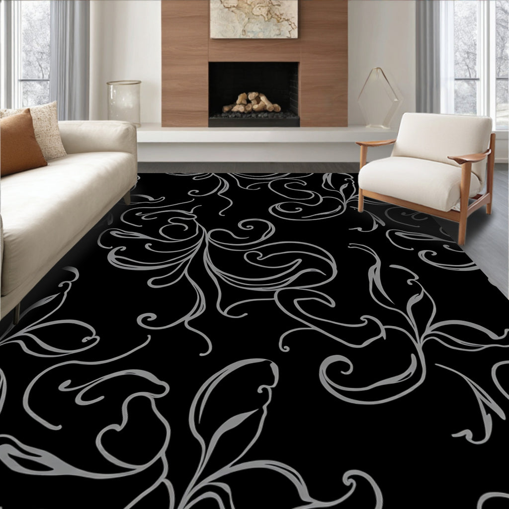 Elegant Gray Swirl Floral Pattern Rug