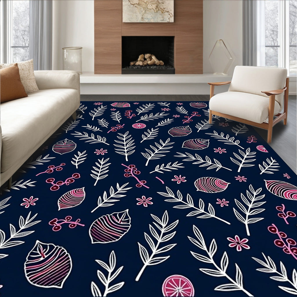 Navy Blue Botanical Berry Branch Rug