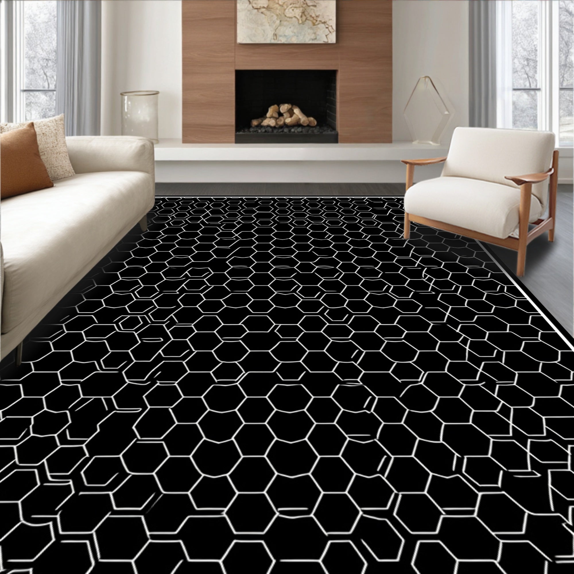 Modern Hexagonal Geometric Pattern Rug