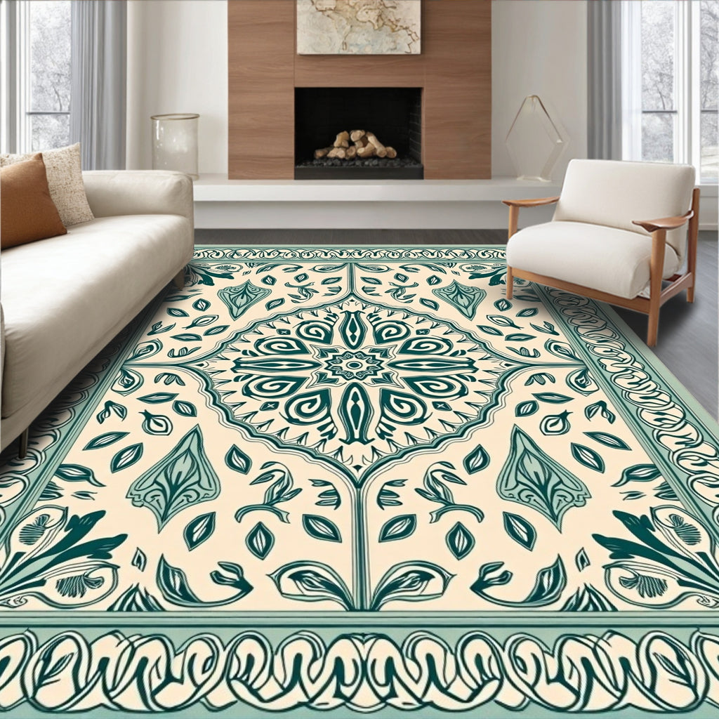 Elegant Teal Floral Medallion Pattern Rug