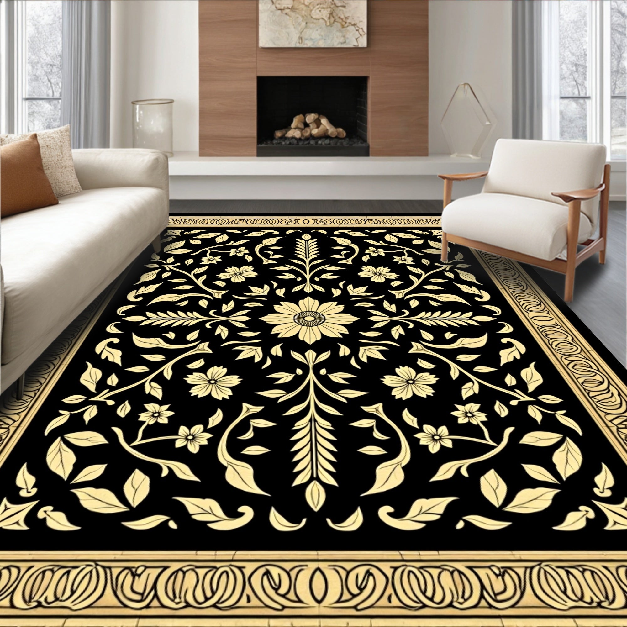 Ornate Floral Black Gold Rug