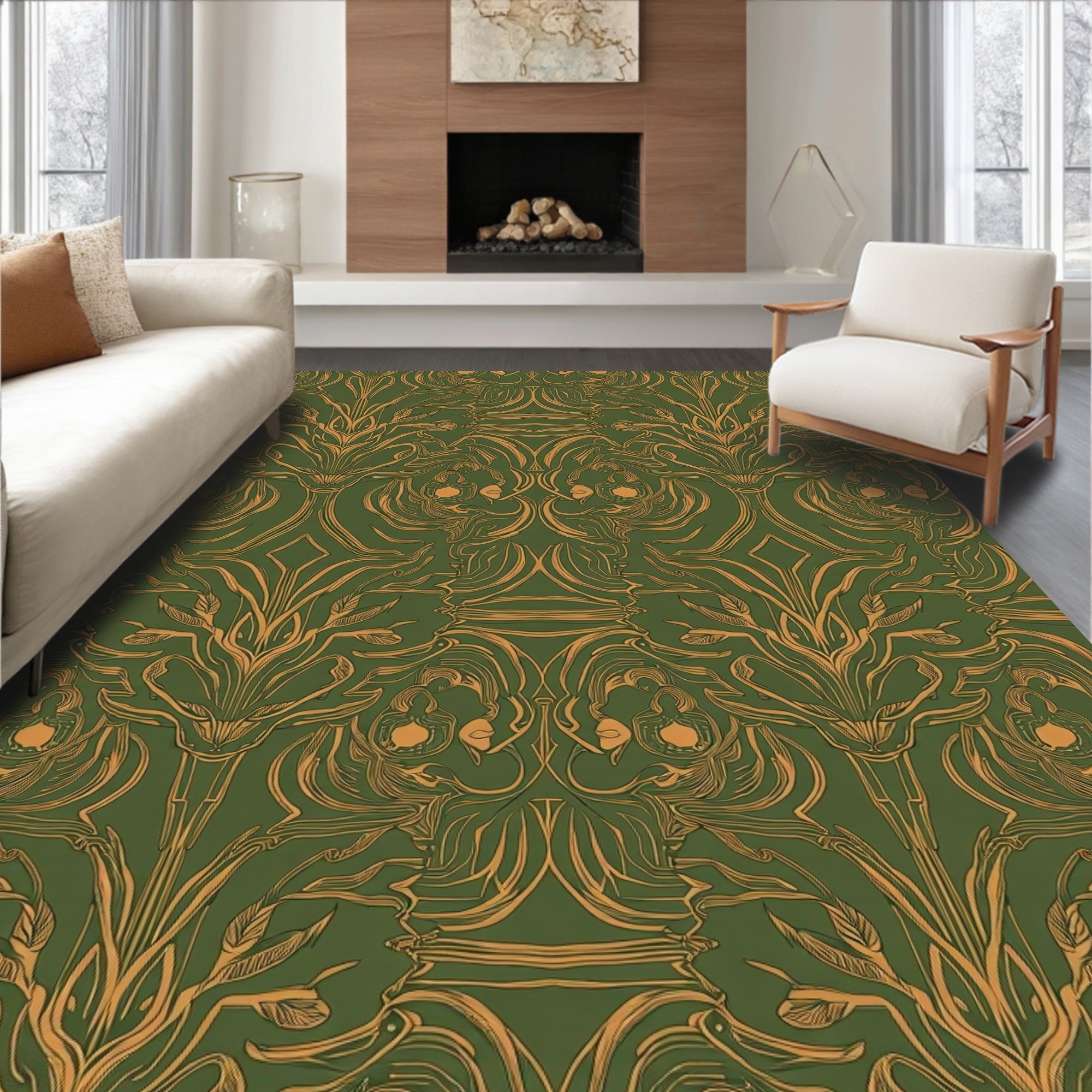 Emerald Gold Art Nouveau Floral Rug