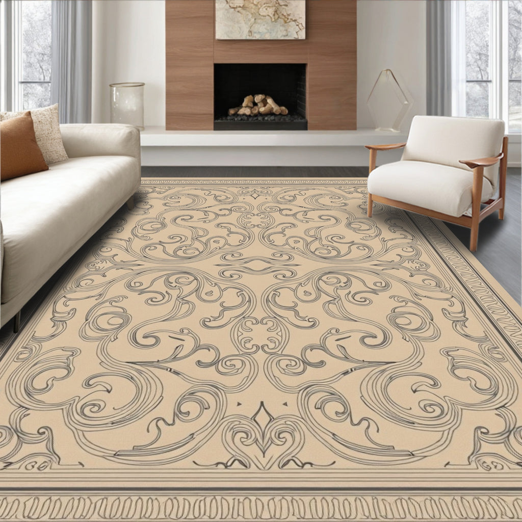 Elegant Scrollwork Patterned Natural Rug