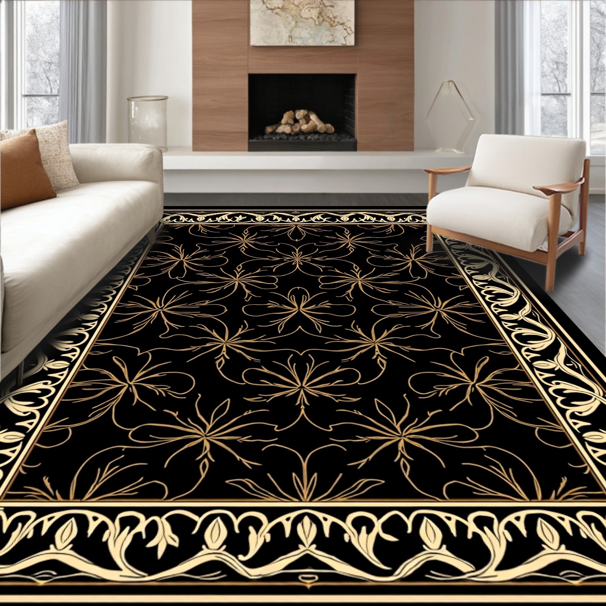 Elegant Black Gold Floral Border Rug