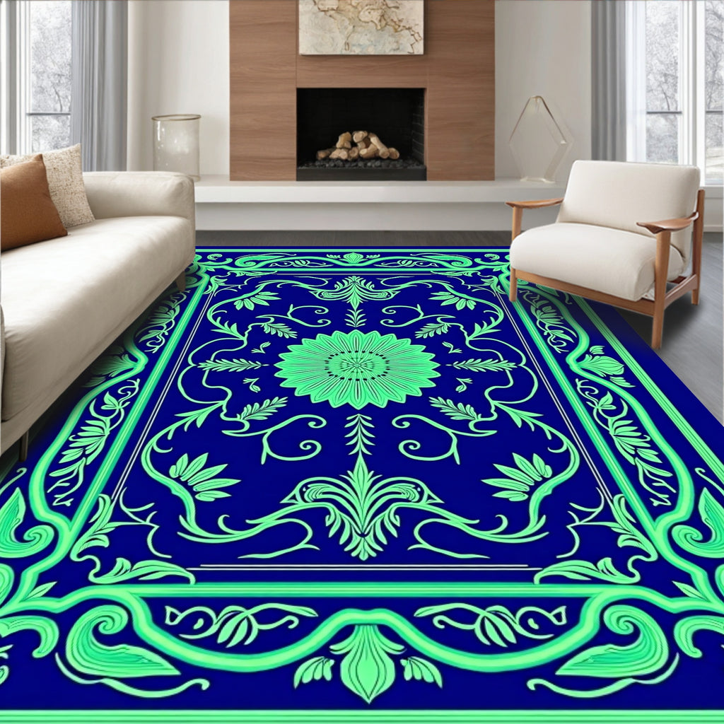 Ornate Floral Design In Blue And Green Rug