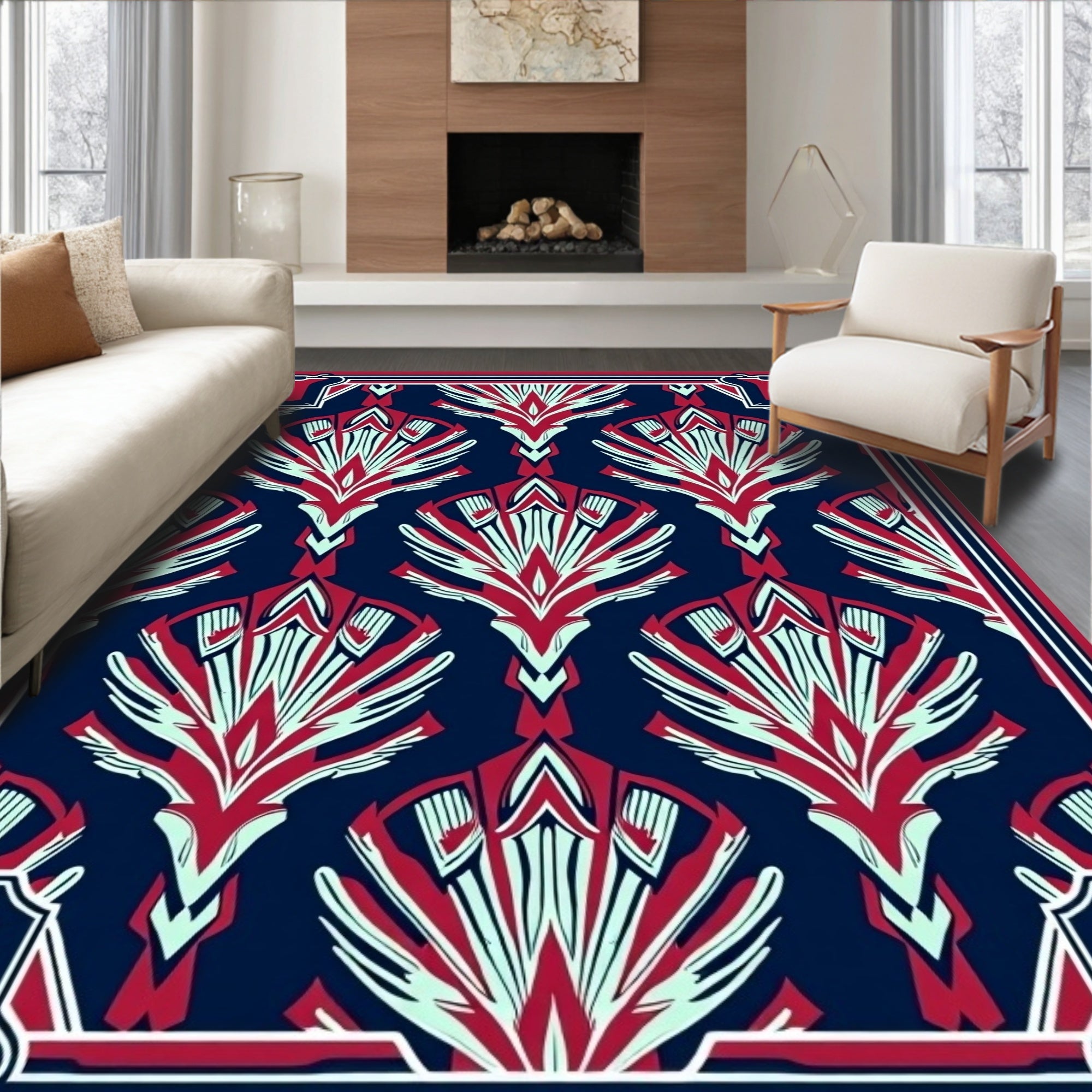 Decorative Fan Pattern Navy Red Rug