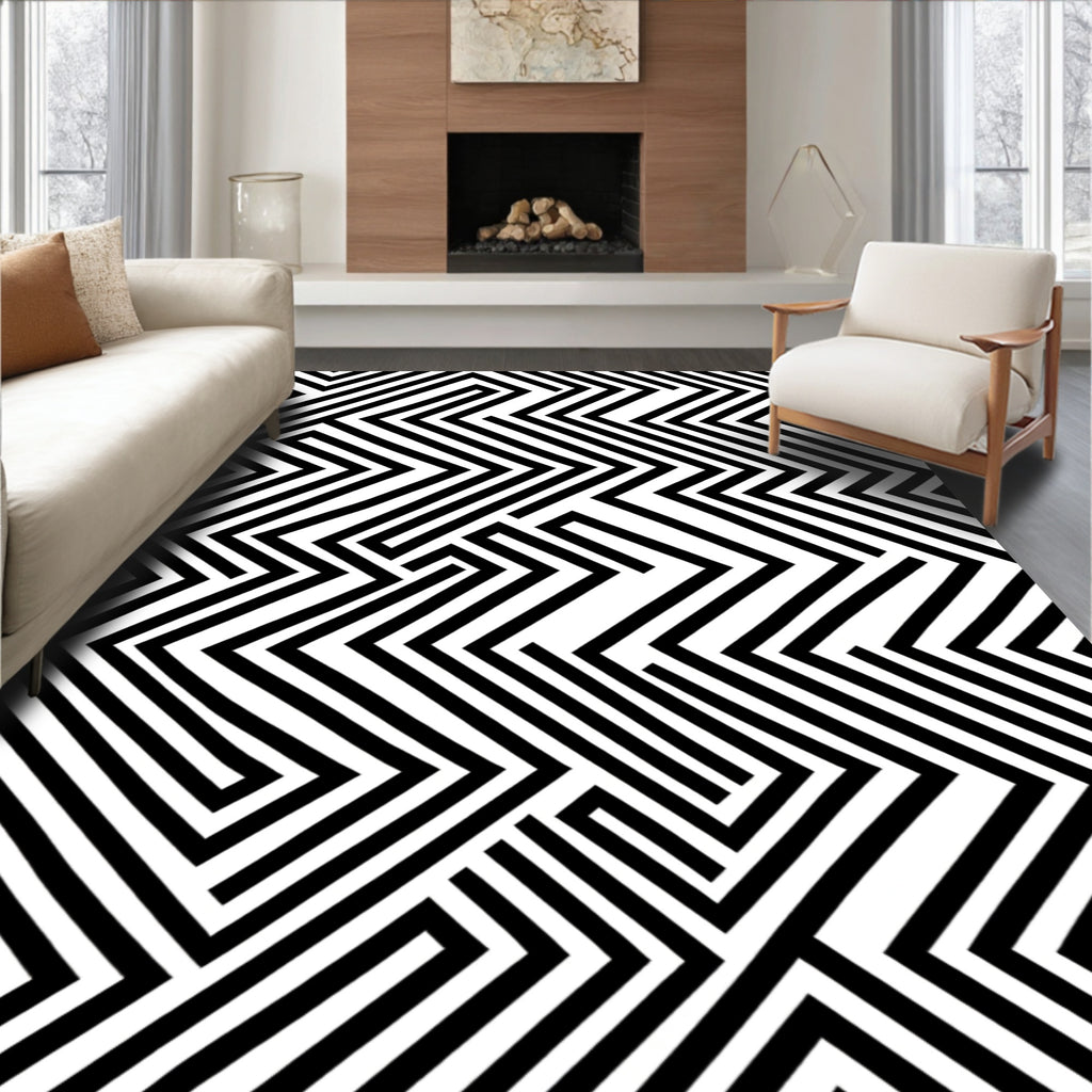 Bold Black And White Geometric Maze Rug