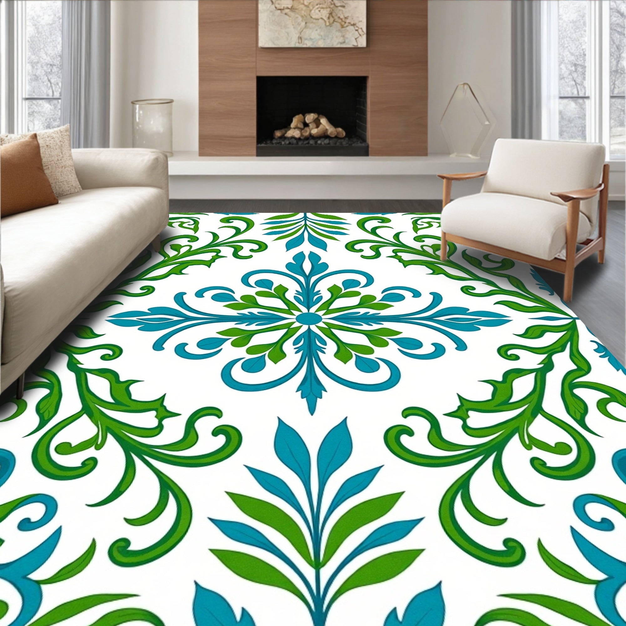 Green Blue Floral Swirl Pattern Rug