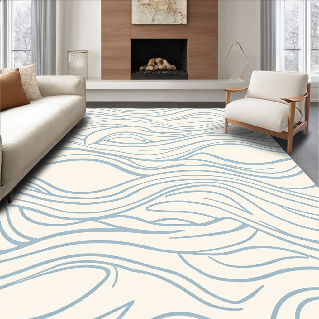 Blue Wave Pattern Cream Rug