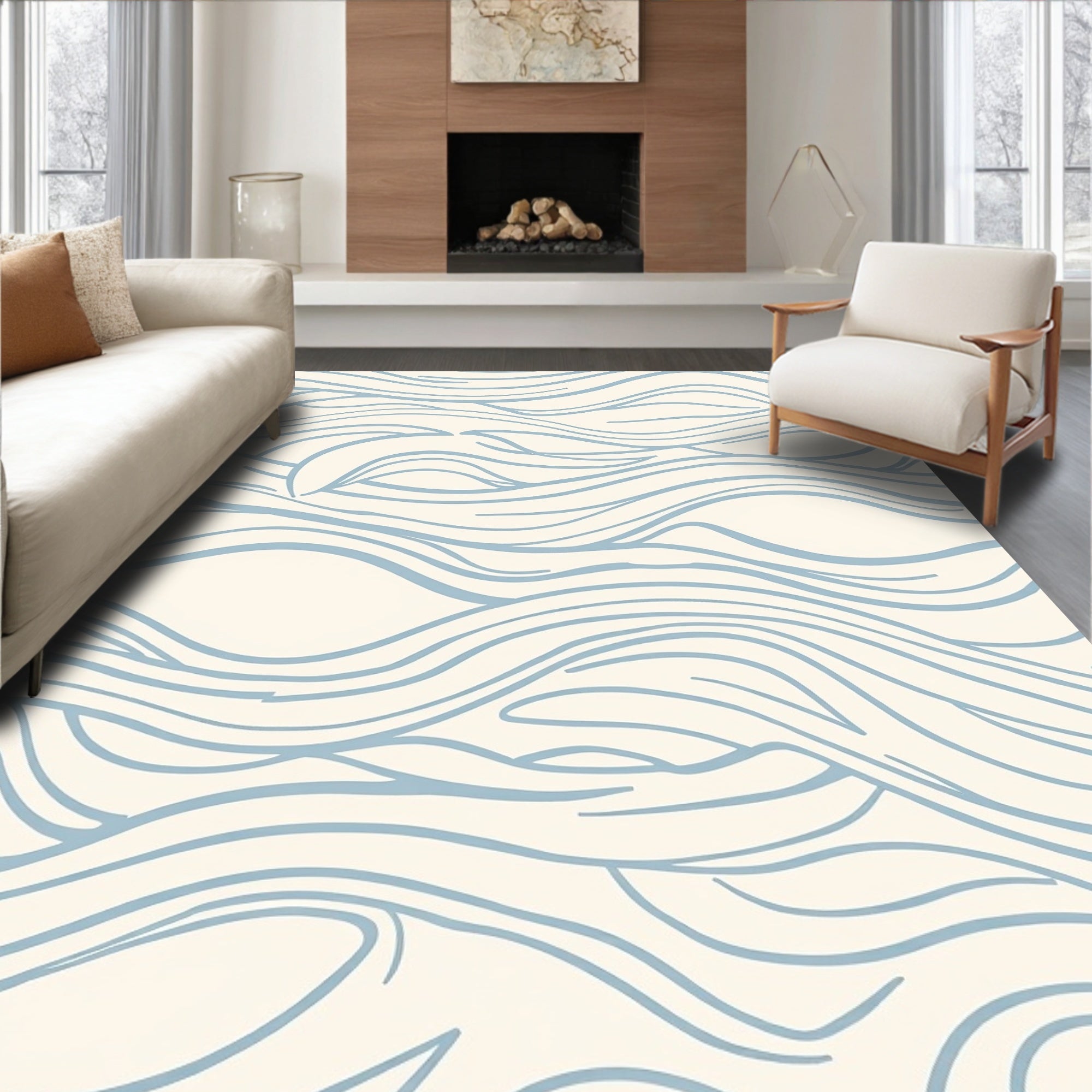 Blue Wave Pattern Cream Rug