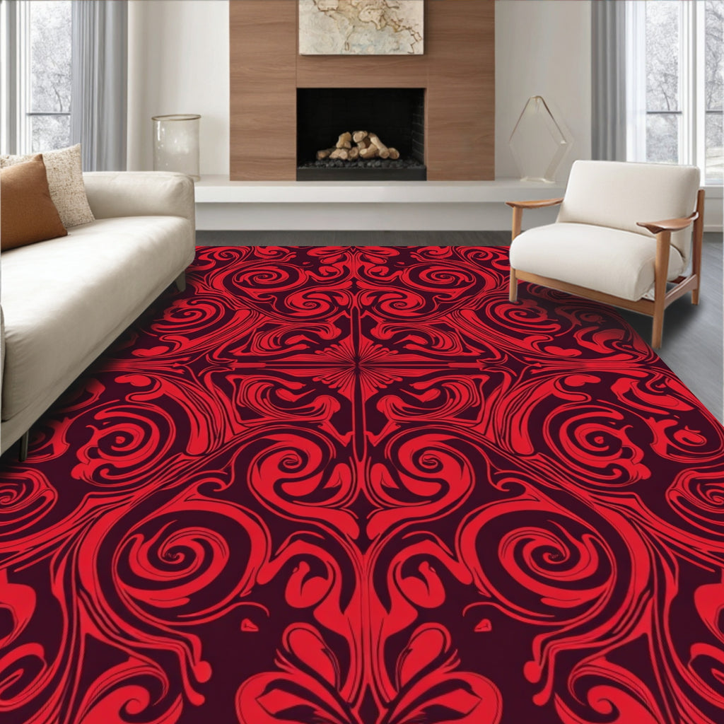 Red Abstract Swirls Ornate Design Rug