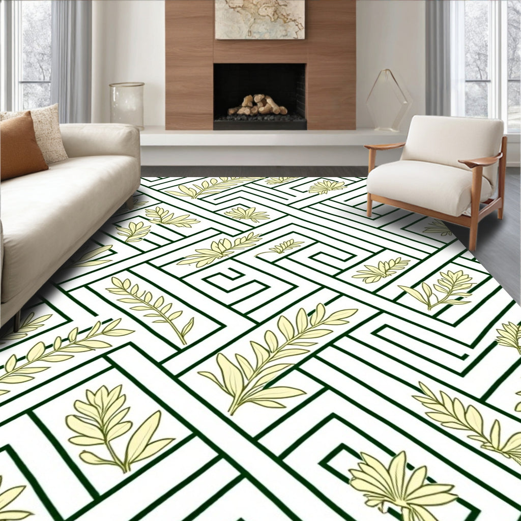 Geometric Leaf Patterned Green and Cream Rug