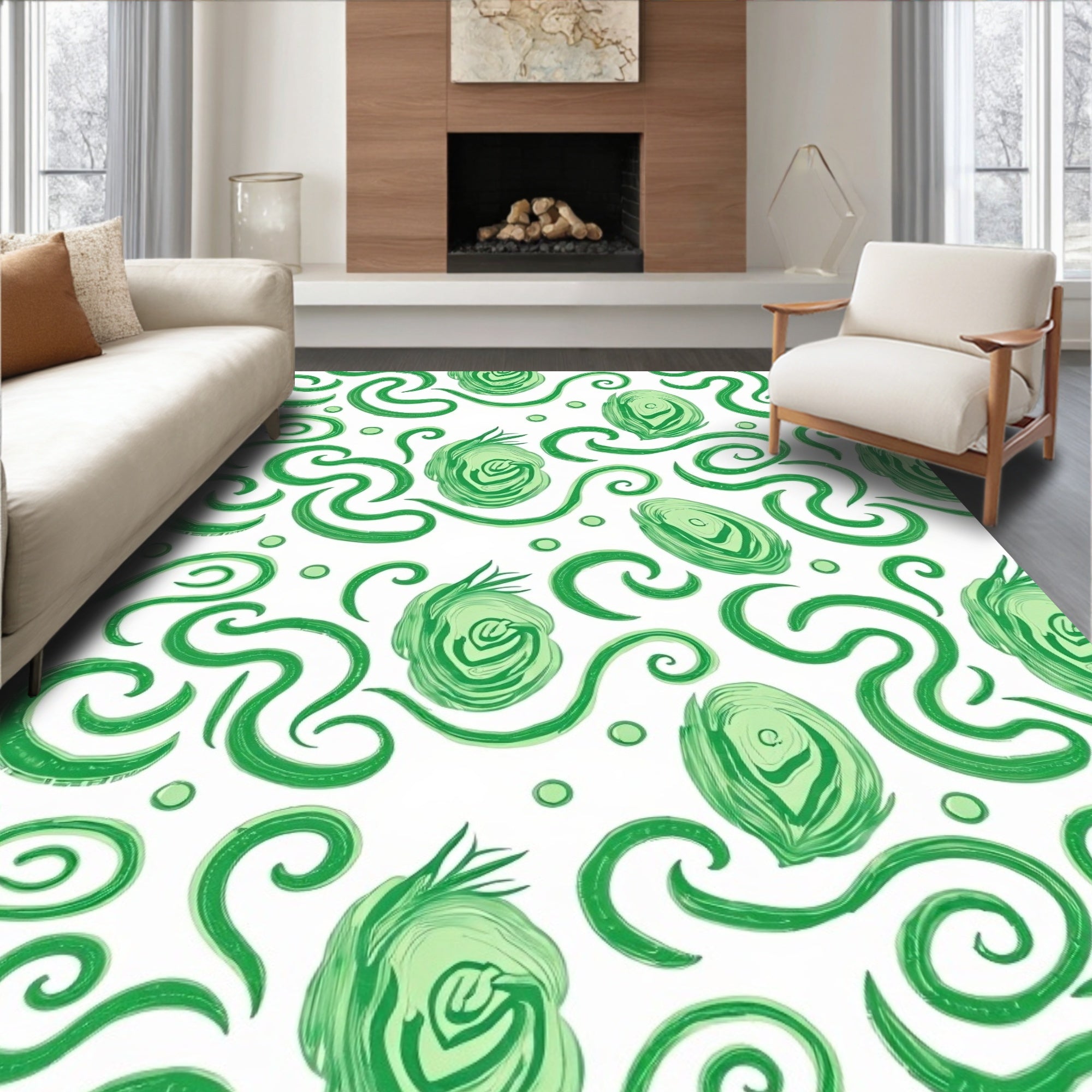 Green Swirls and Cabbage Pattern Rug