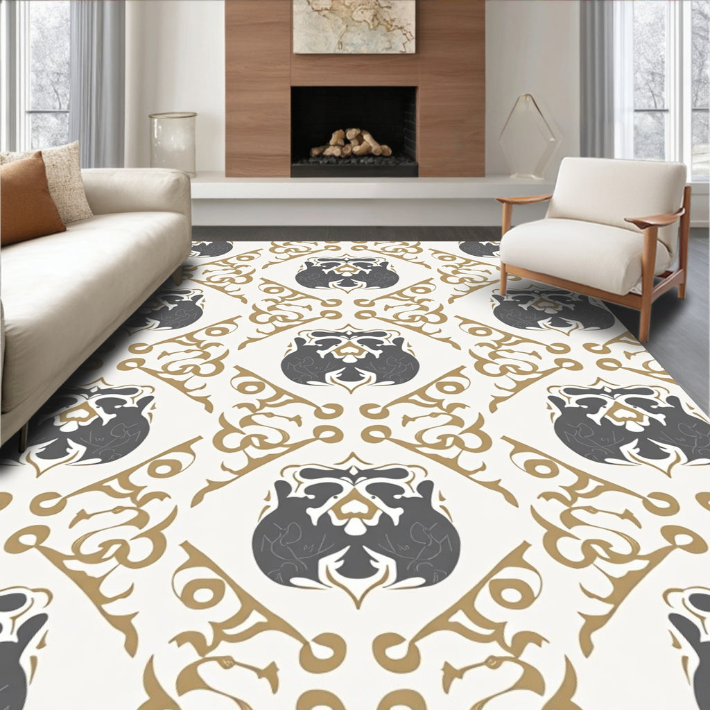 Ornate Gray Gold Geometric Design Rug