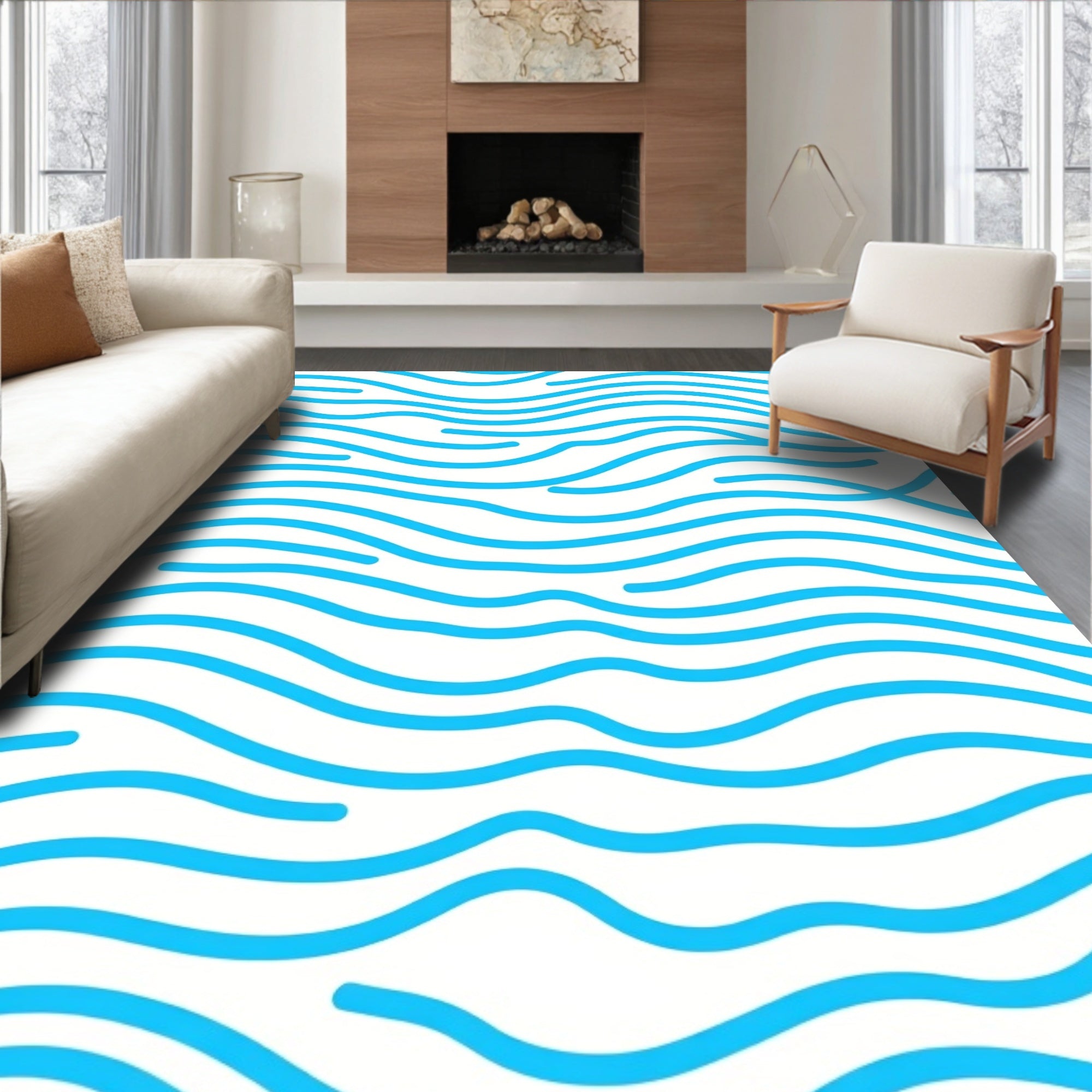 Calm Blue Wavy Lines Pattern Rug