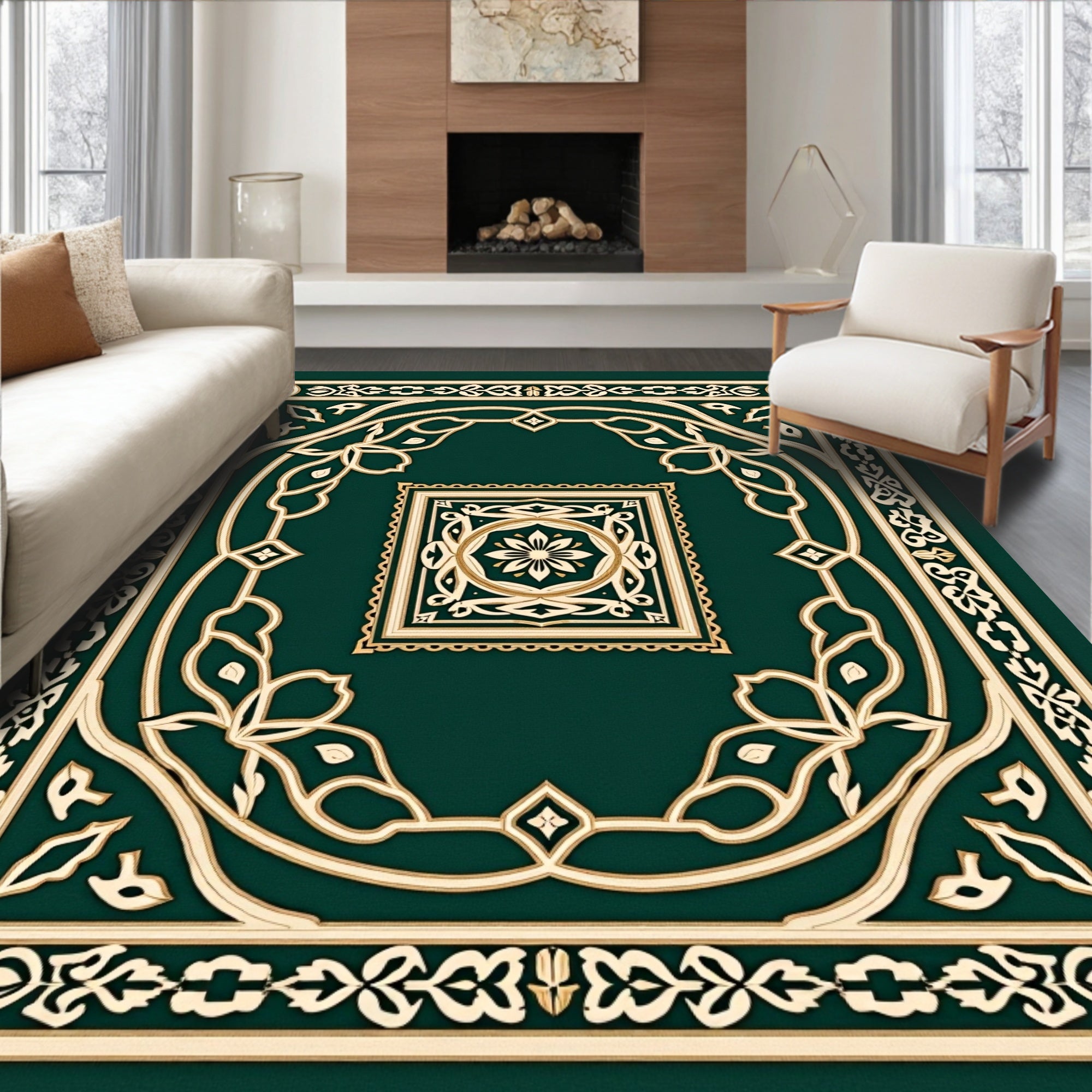 Elegant Cream Gold Floral Border Rug