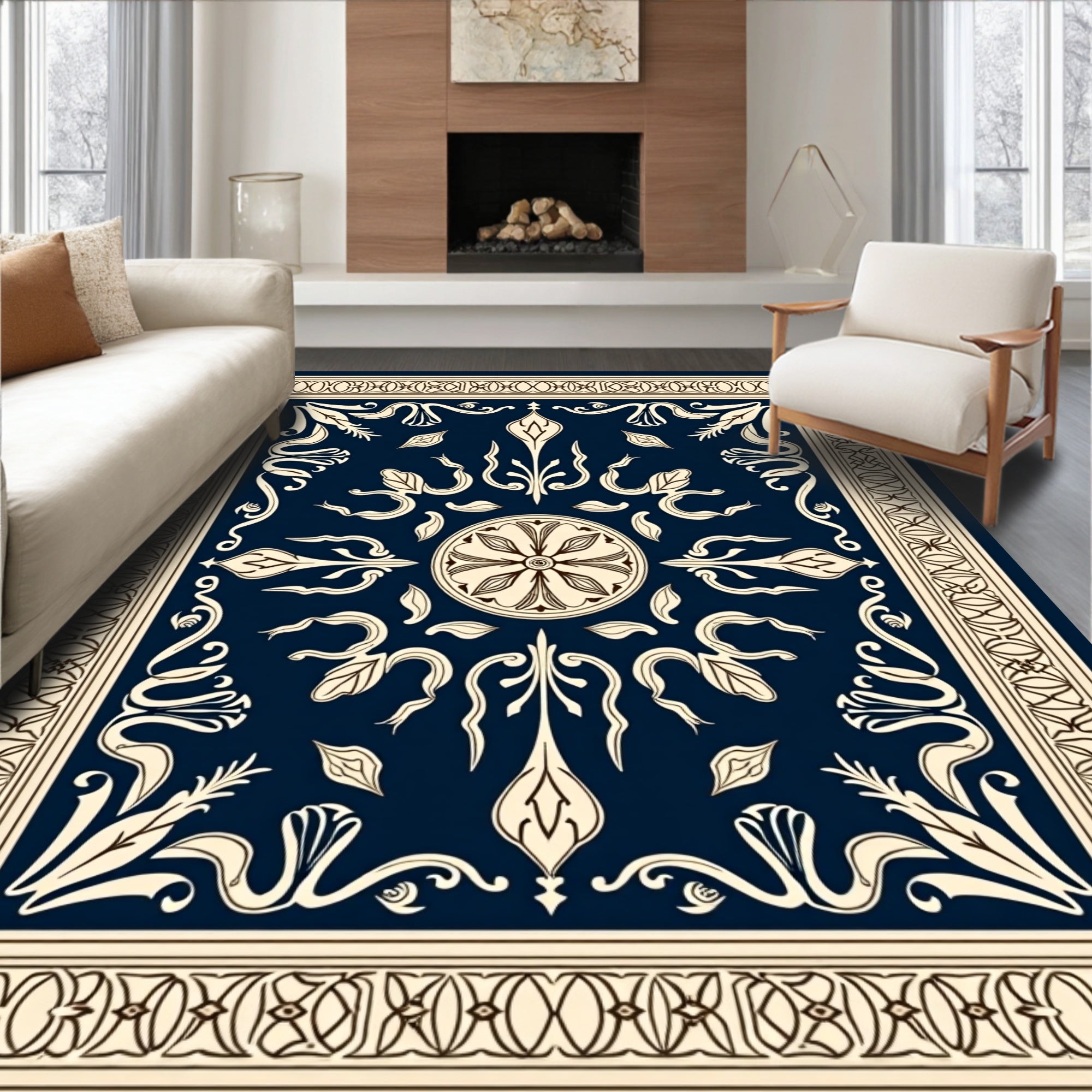 Classic Floral Motifs Dark Blue Rug