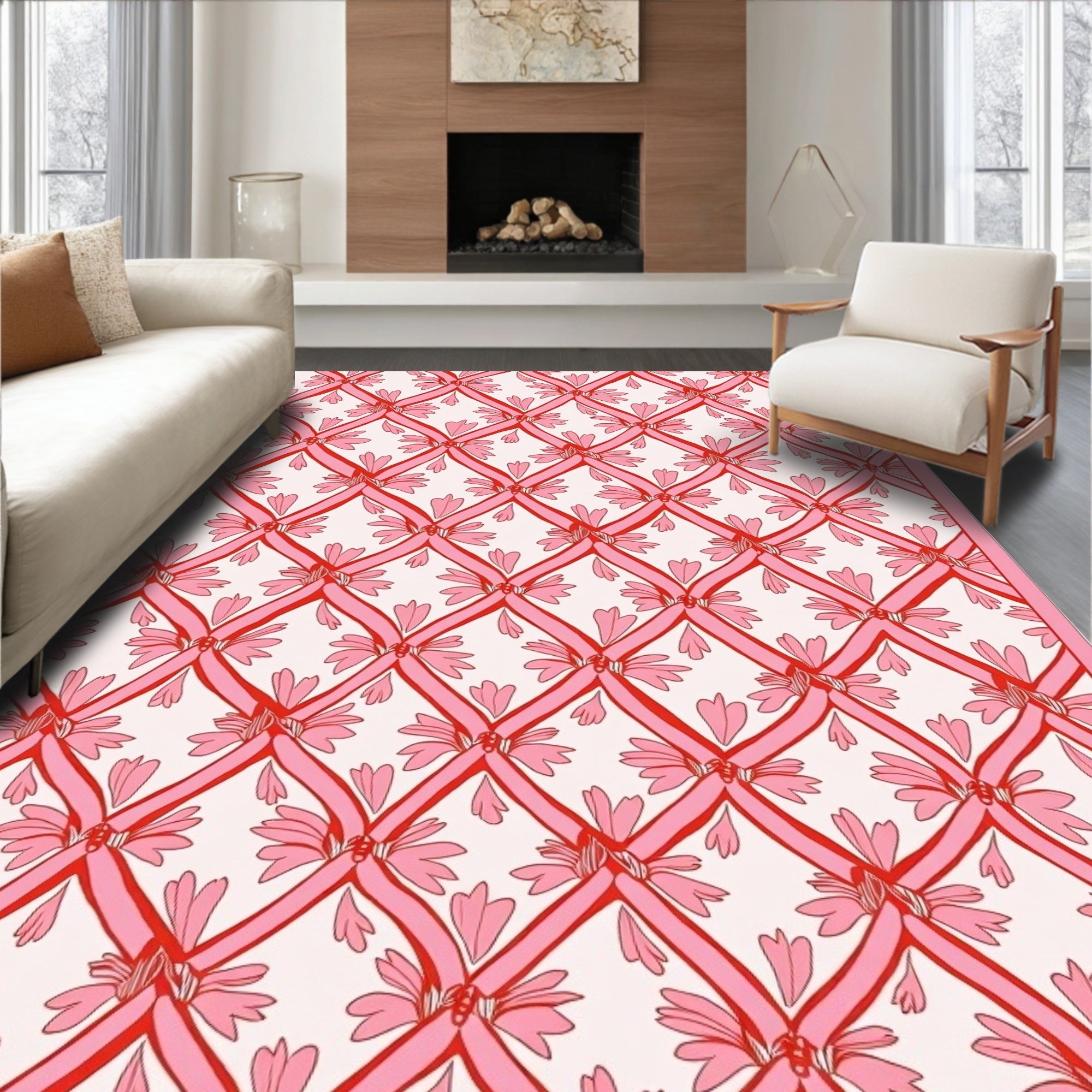 Pink Lattice Bow Pattern Rug