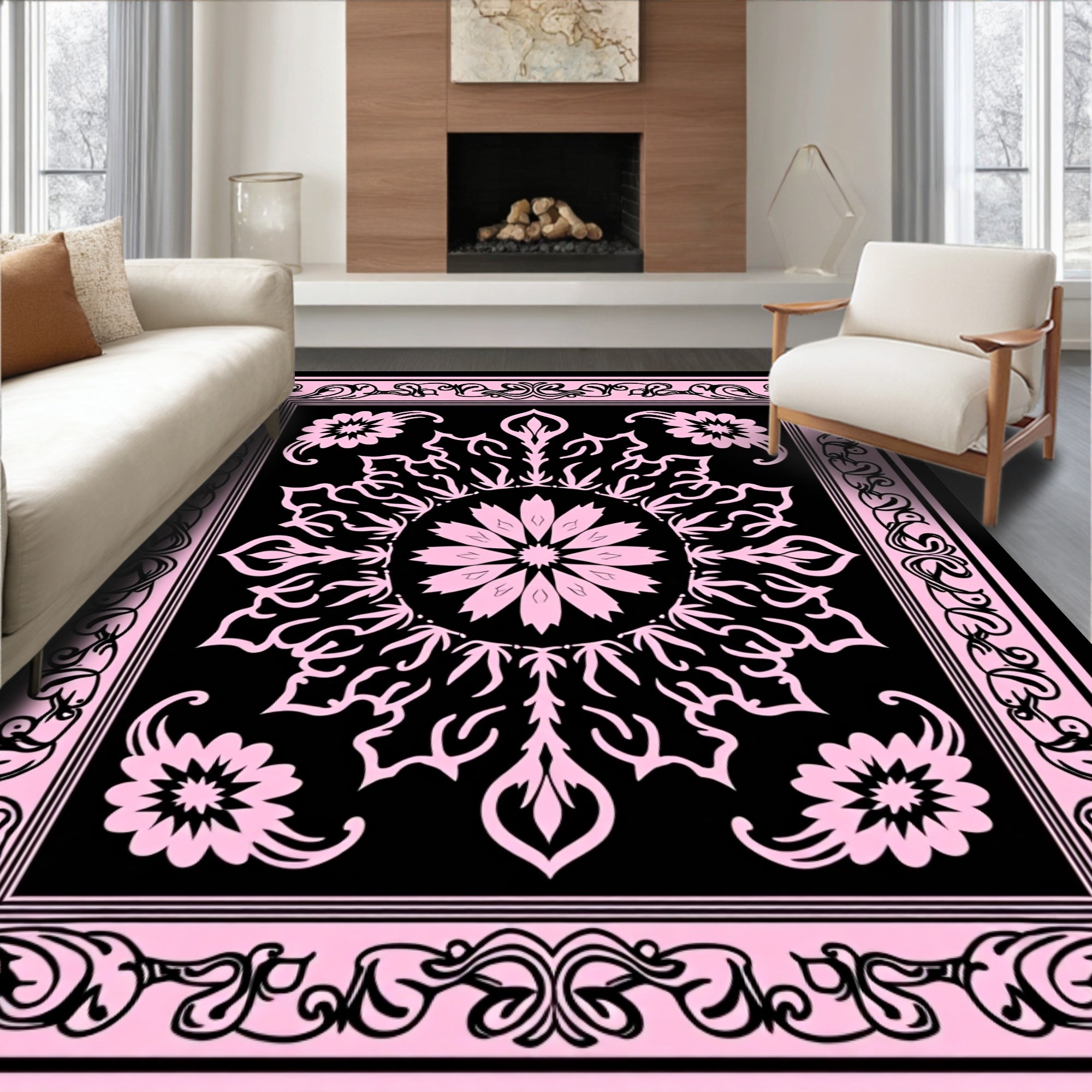 Pink Black Floral Mandala Design Rug