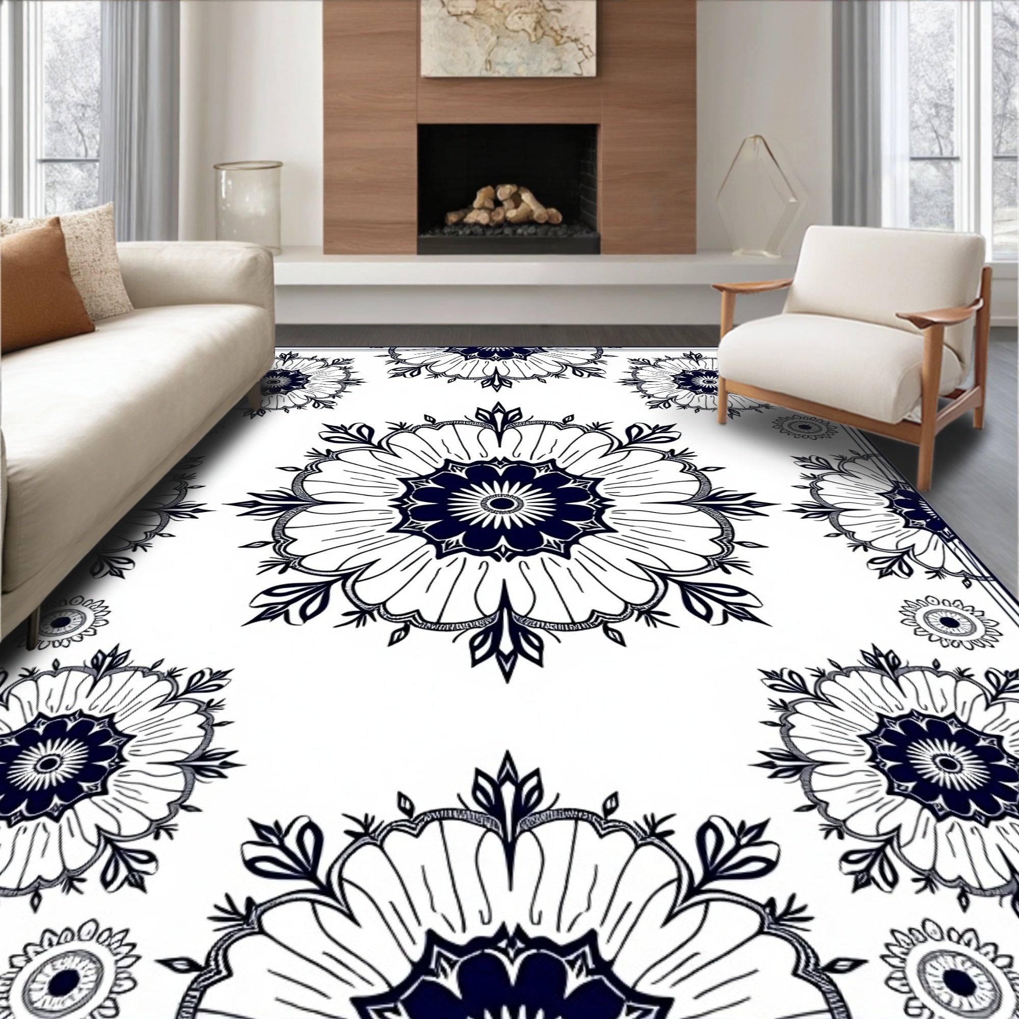 Dark Blue Floral Mandala Pattern Rug