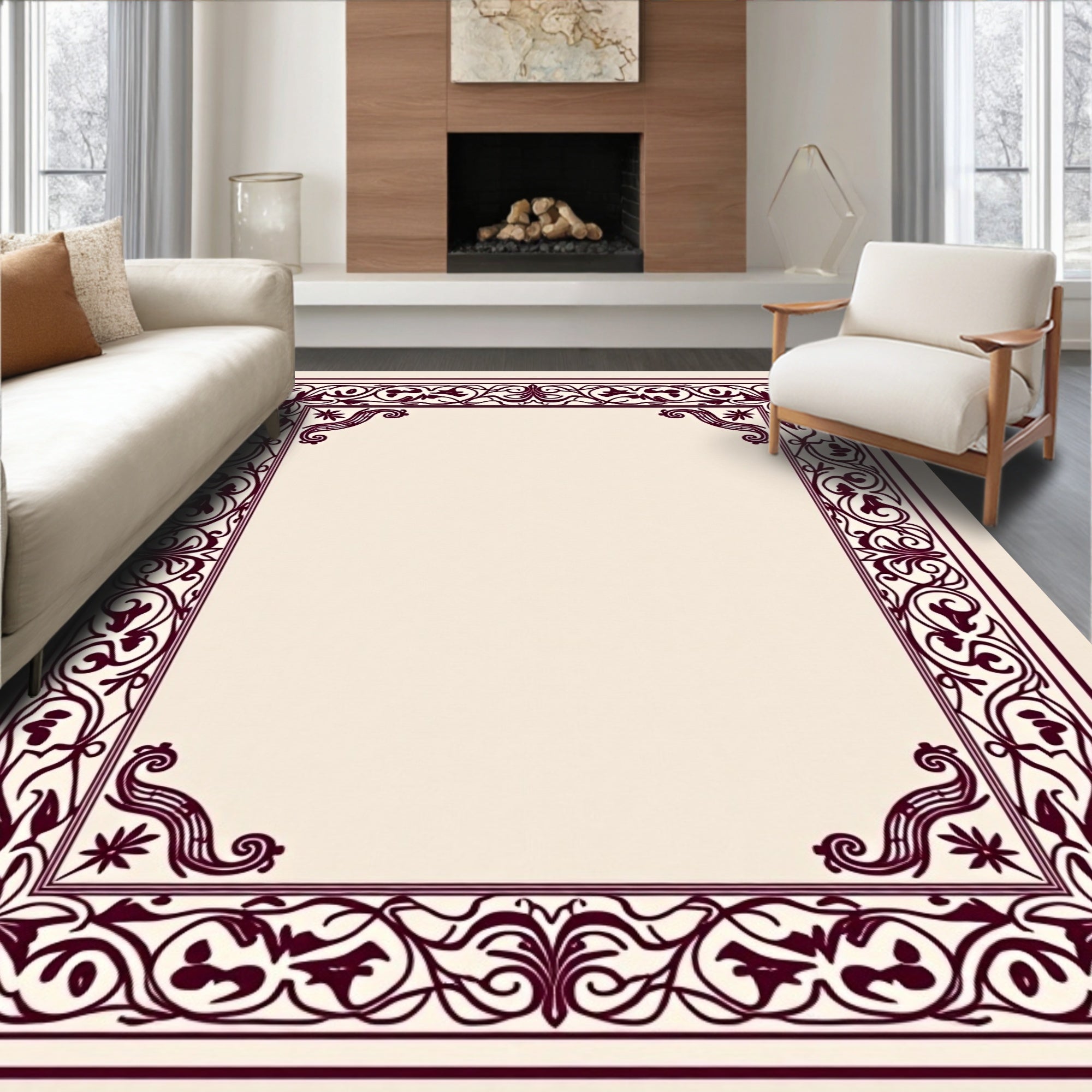 Elaborate Floral Scrollwork Border Rug