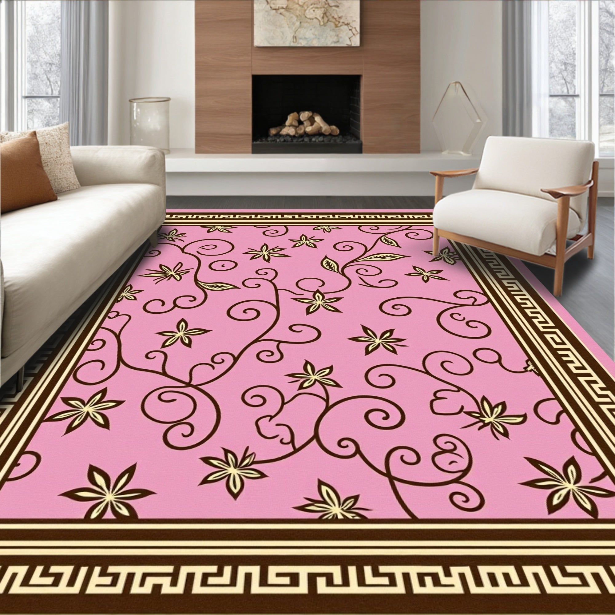 Pink Floral Swirl Lace Trim Rug