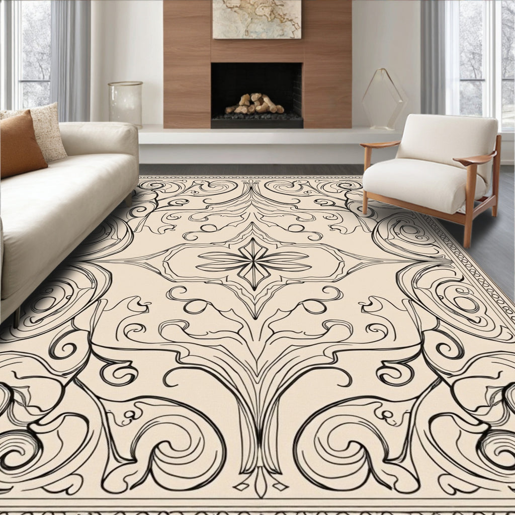 Elegant Black Line Art Floral Rug