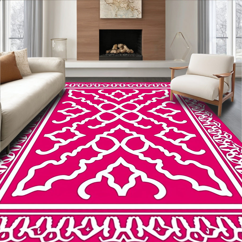 Ornate Geometric Pink White Pattern Rug