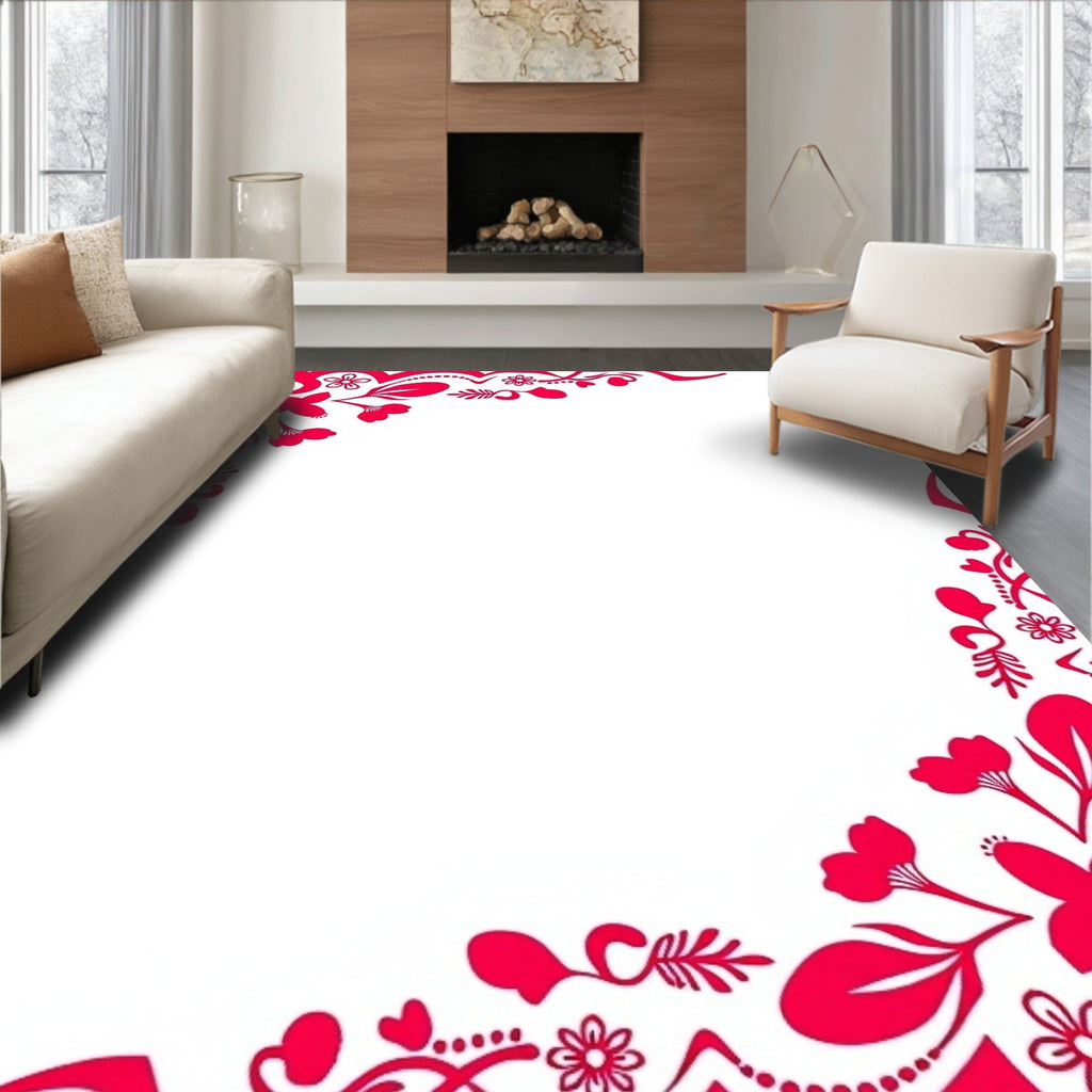 Vibrant Red Floral Scrollwork Pattern Rug