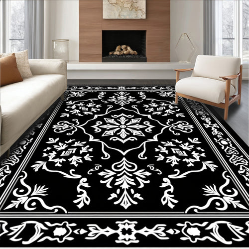 Black White Floral Border Design Rug