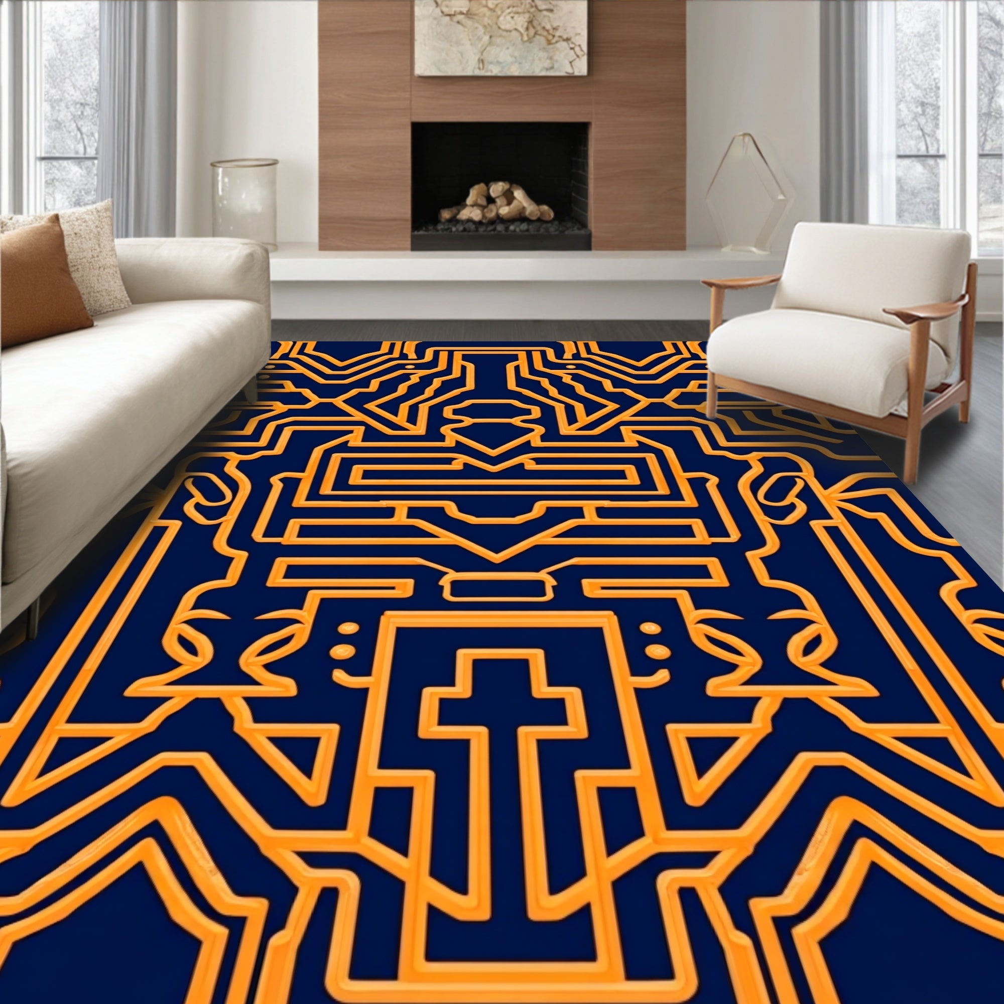 Intricate Orange Geometric Line Art Rug