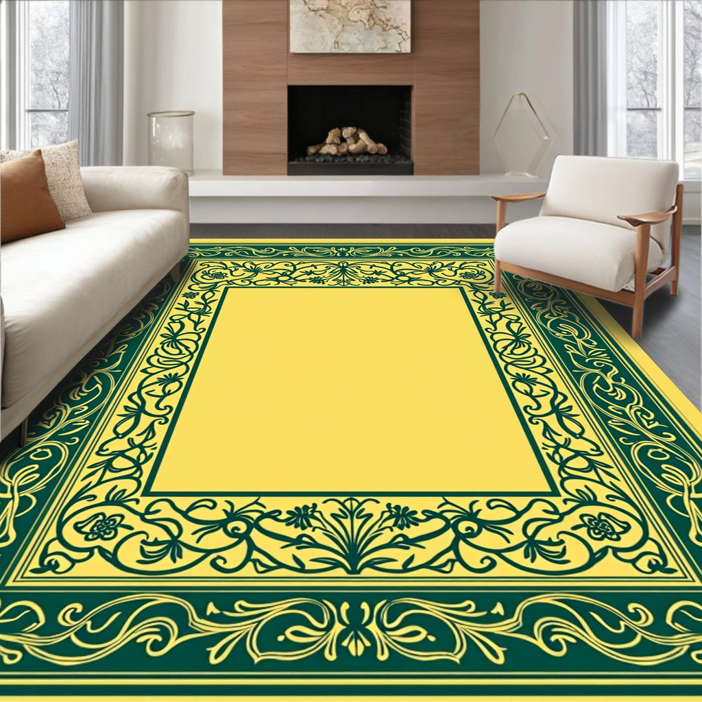 Ornate Green Floral Scroll Pattern Rug
