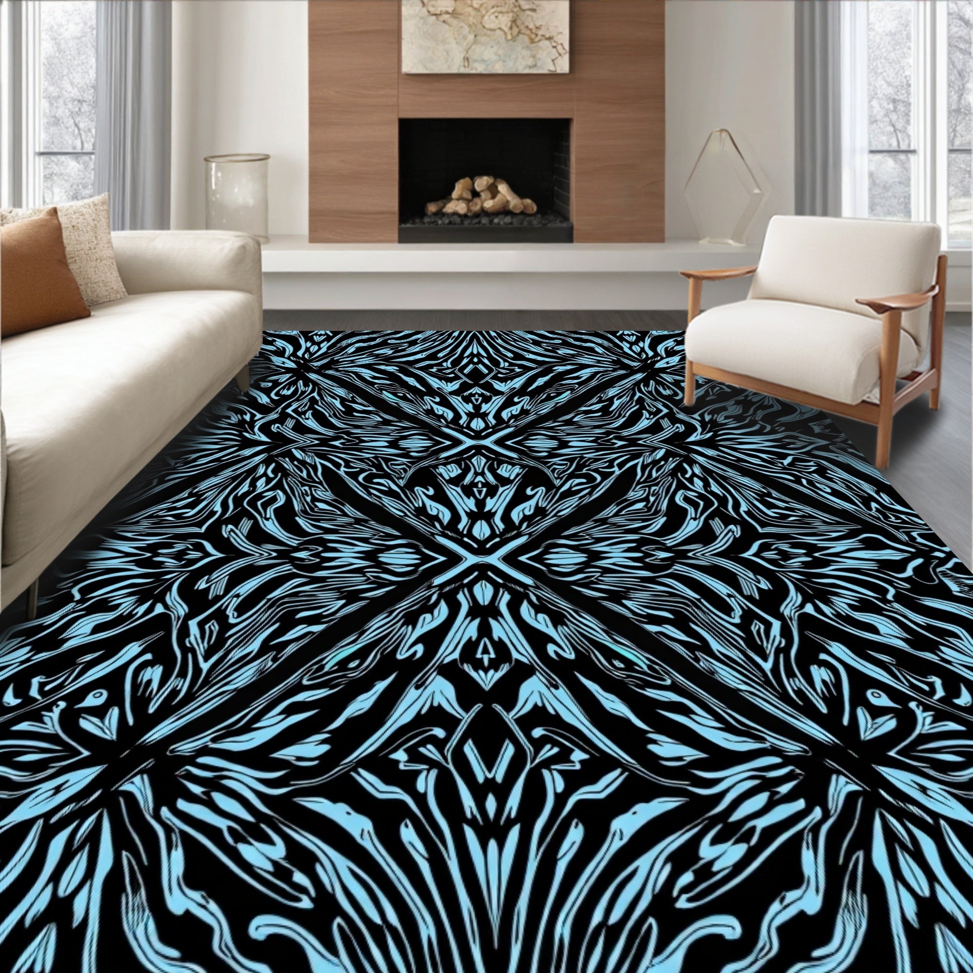 Abstract Light Blue Black Pattern Rug