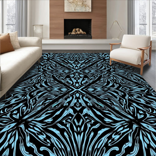 Abstract Light Blue Black Pattern Rug