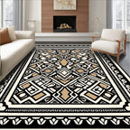 Intricate Black Cream Golden Geometric Design Rug