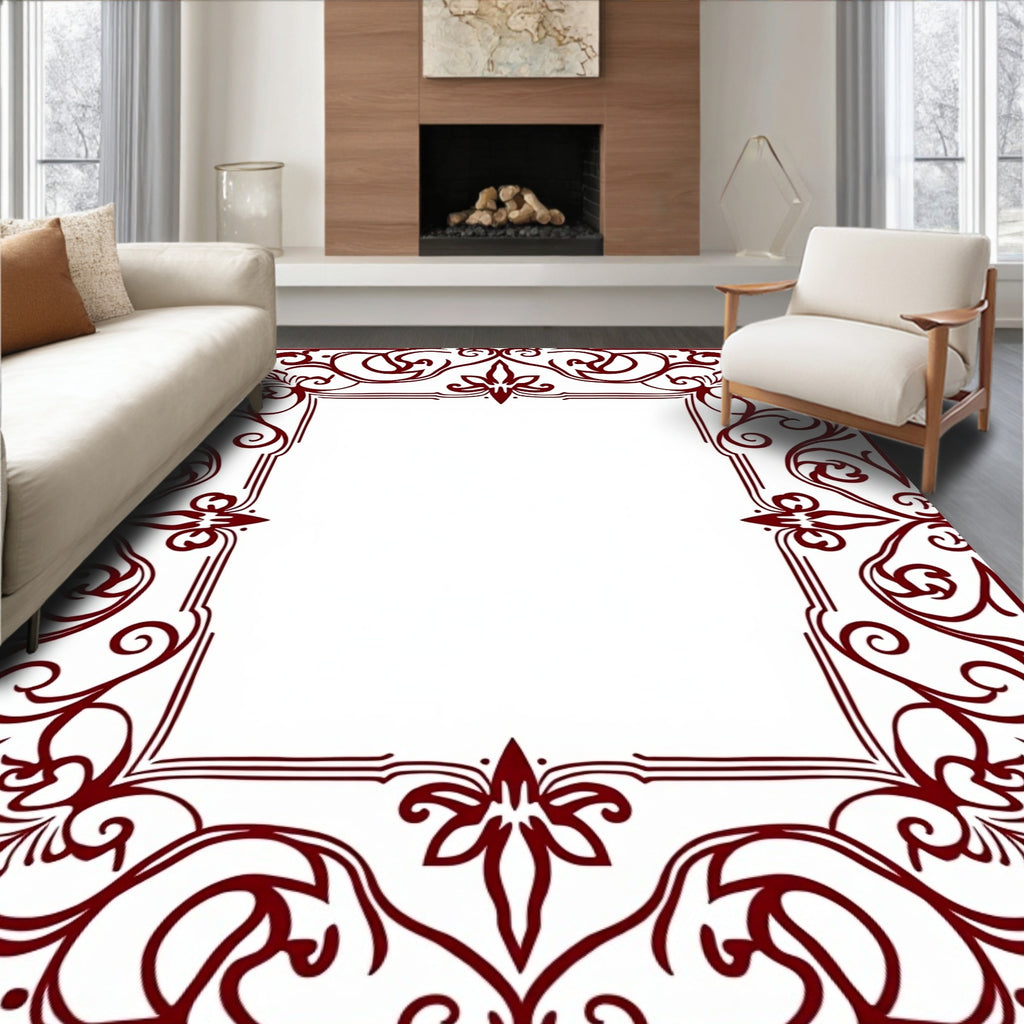 Deep Red Decorative Swirl Frame Design Rug