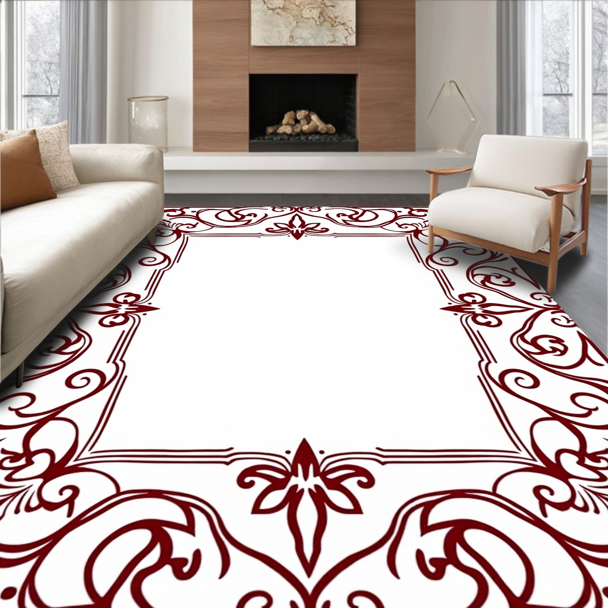Deep Red Decorative Swirl Frame Design Rug
