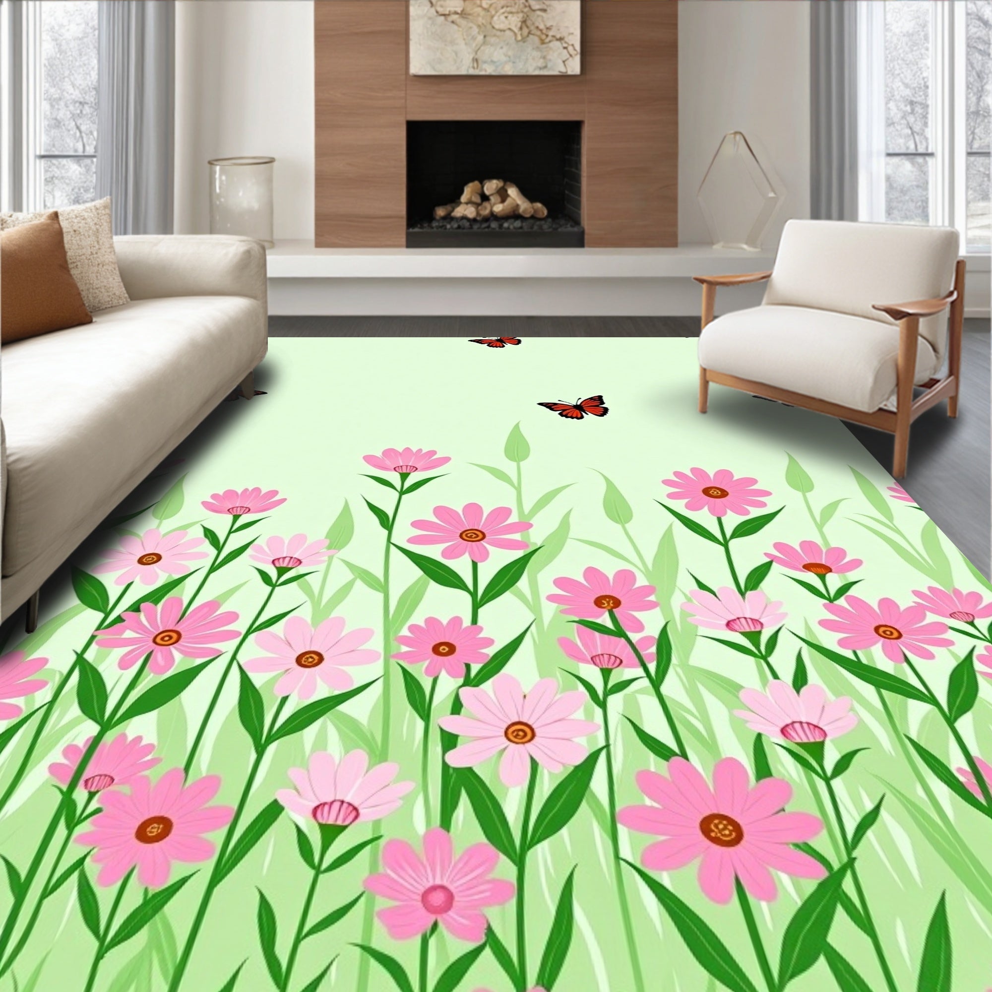 Pink Daisy Butterfly Meadow Pattern Rug