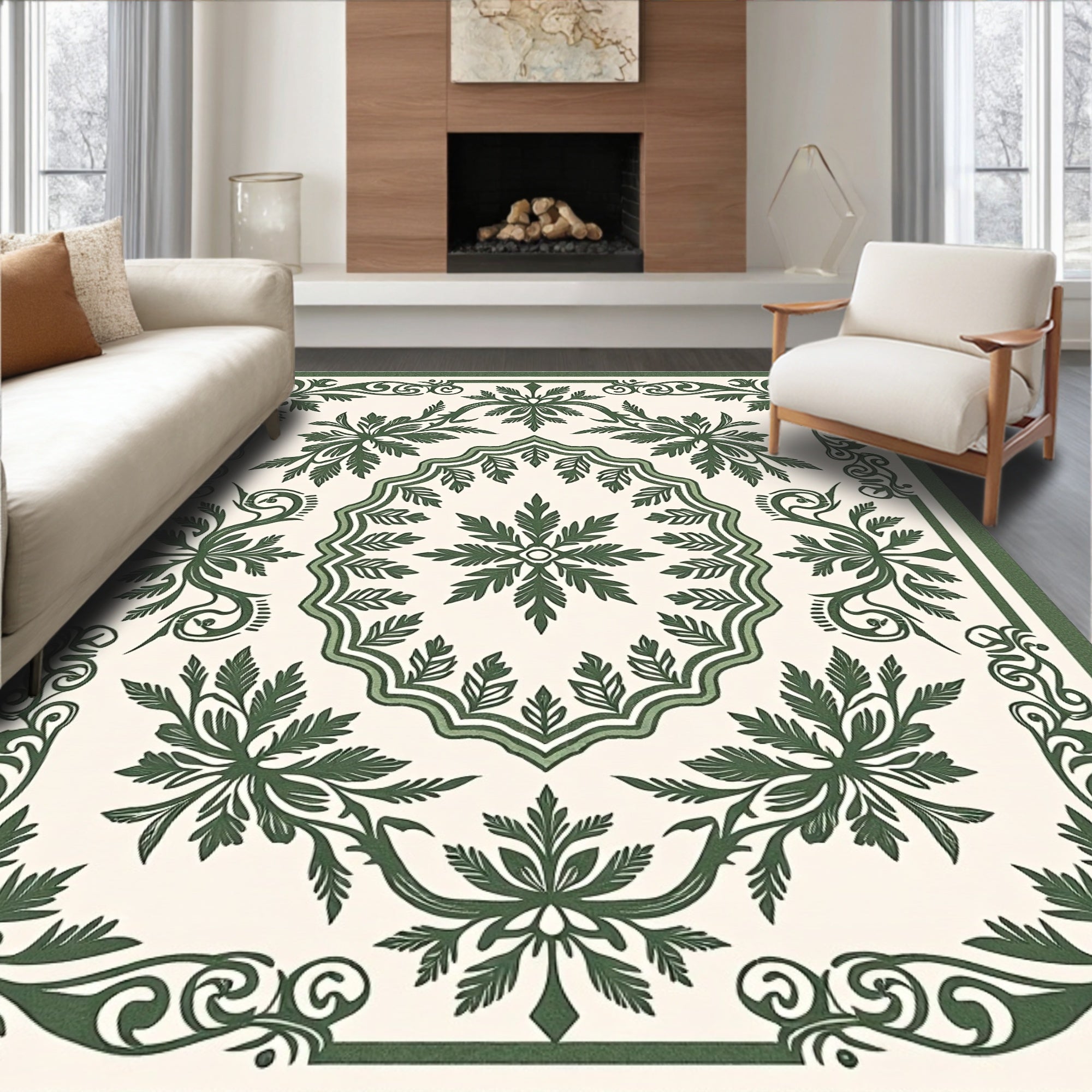 Ornate Green Leaf Scroll Medallion Rug