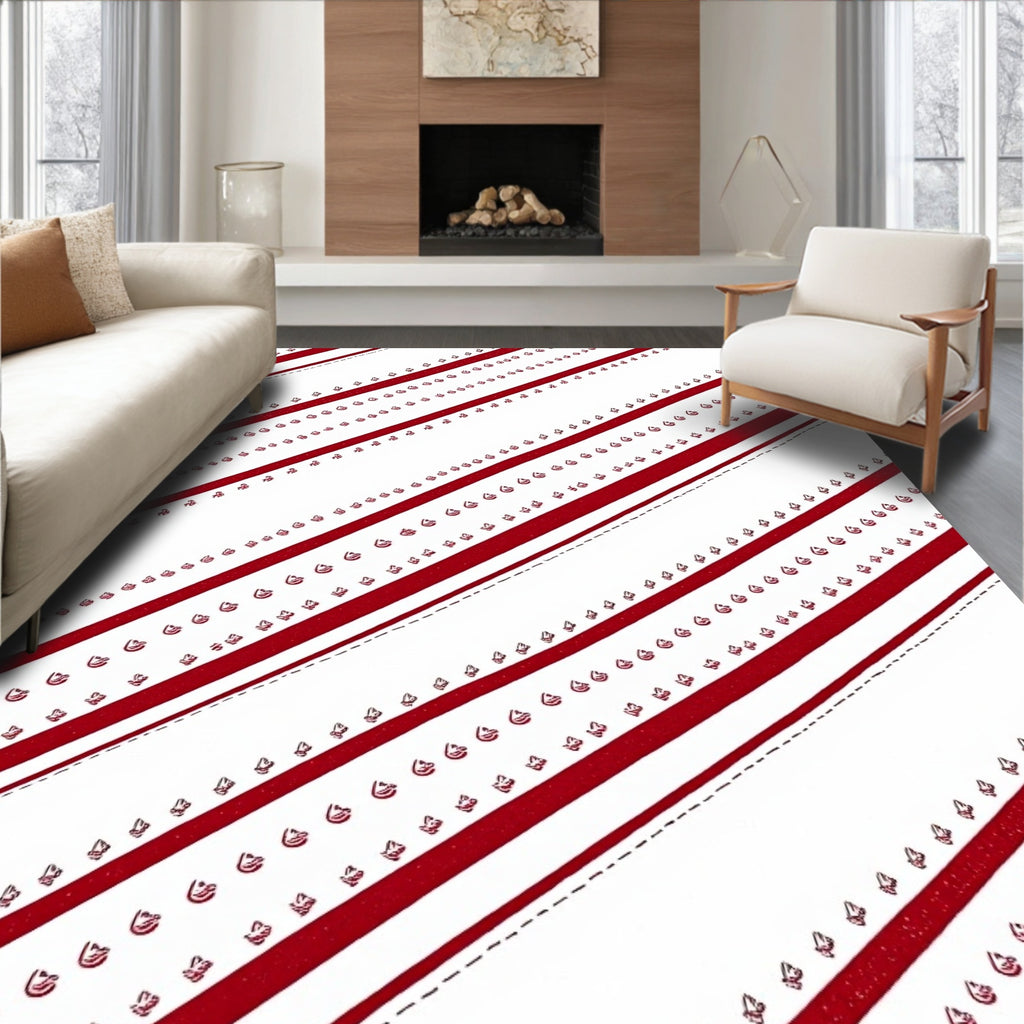 Red White Diagonal Stripe Floral Rug